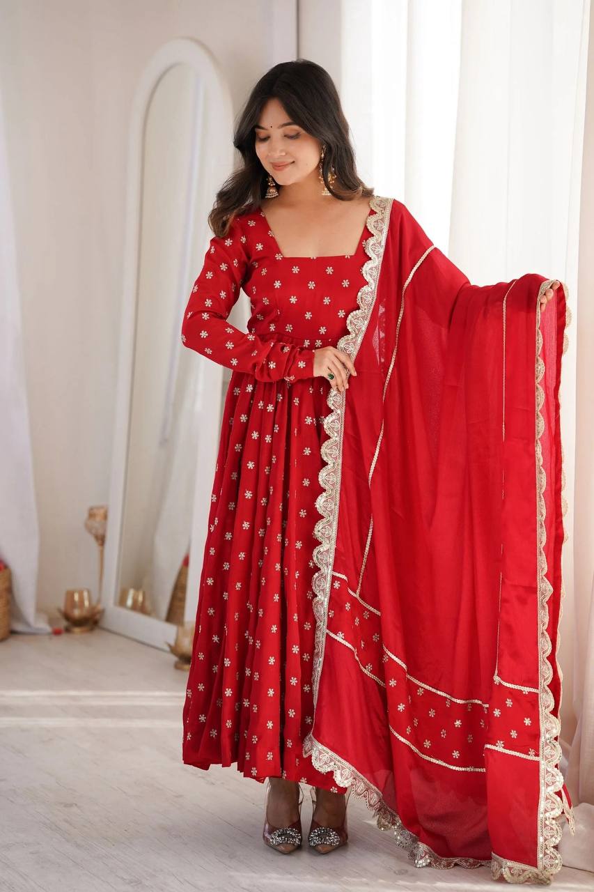 Radiant Crimson Red Flared Anarkali Suit Set Adorned with Delicate Silver Starburst Motifs and an Ornate Scalloped Dupatta